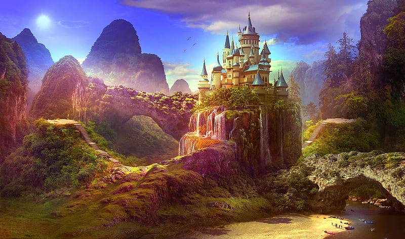 fantasy castle, waterfall, paradise, heaven, beach, Fantasy, HD wallpaper