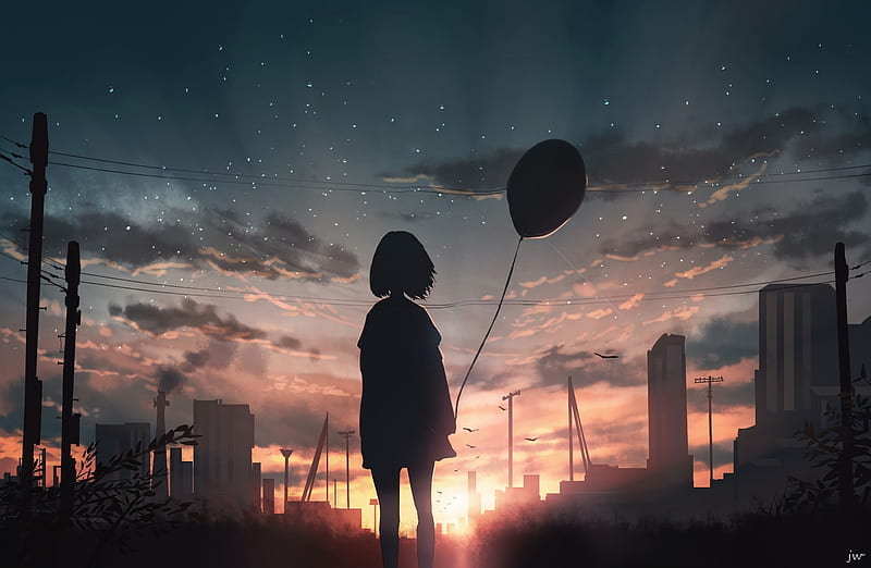 girl, silhouette, balloon, starry sky, sunset, HD wallpaper