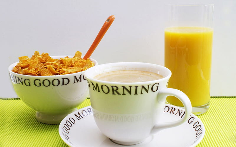 Good Morning, pretty, juice, cup of coffee, orange, cappuccino, breakfast, glass, coffee, oatmeal, coffee time, cup, morning, HD wallpaper
