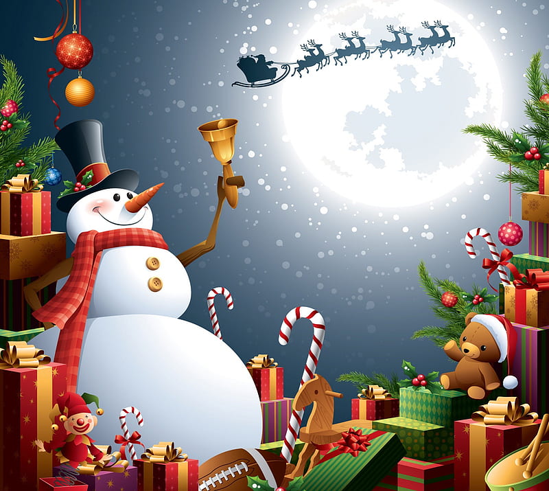 Merry Christmas To All!!!, sleigh, Christmas, colorful, moon, candy canes, reindeer, presents, snowman, HD wallpaper