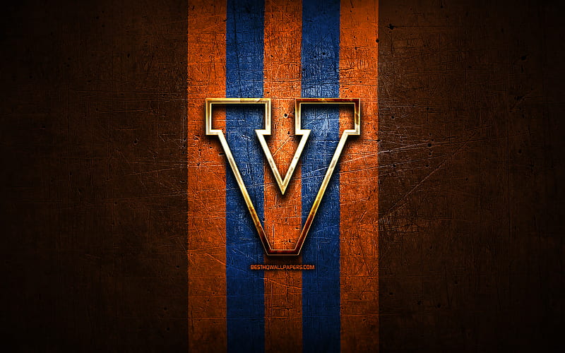 Virginia Cavaliers, golden logo, NCAA, orange metal background, american football club, Virginia Cavaliers logo, american football, USA, HD wallpaper