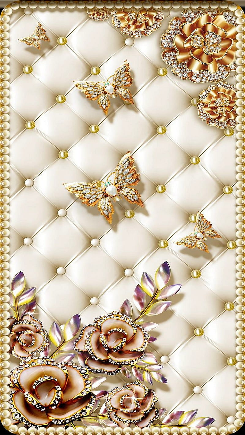 CRYSTAL PEARL , white, roses, butterfly, gold, pretty, girly, pattern, premium, HD phone wallpaper
