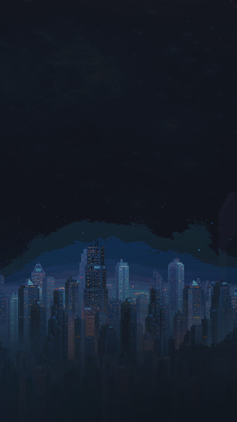 night city dark pixel, 8bit, architecture, blue, cyberpunk, lights, nes, HD phone wallpaper