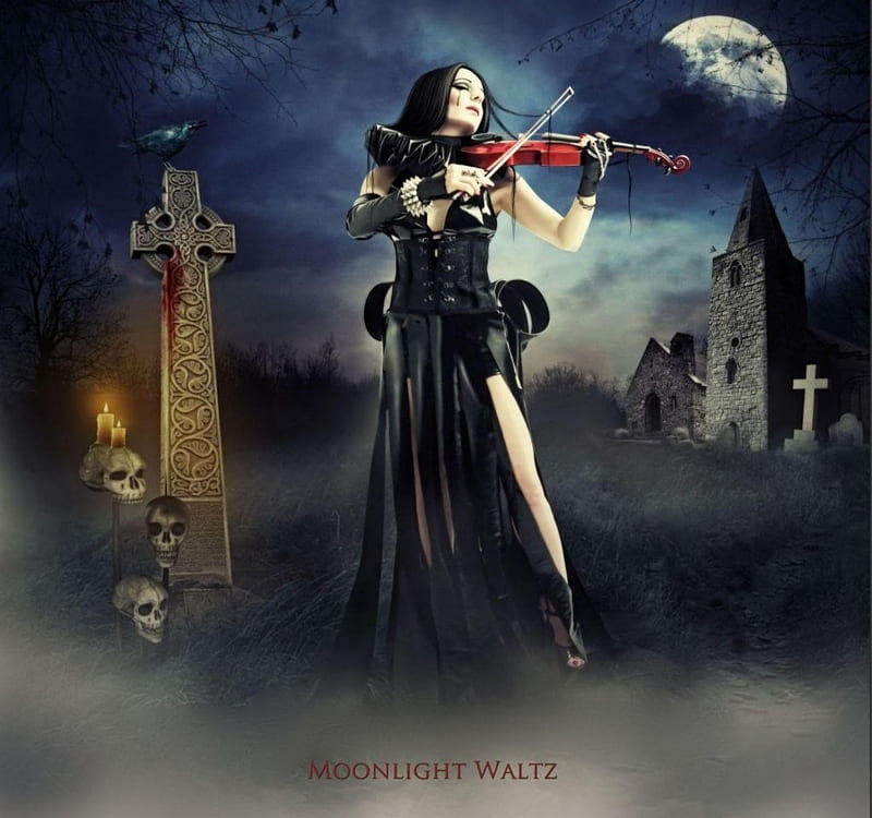 MOONLIGHT WALTZ, violin, female, music, waltz, moon, gothic, dark, moonlight, cross, night, HD wallpaper