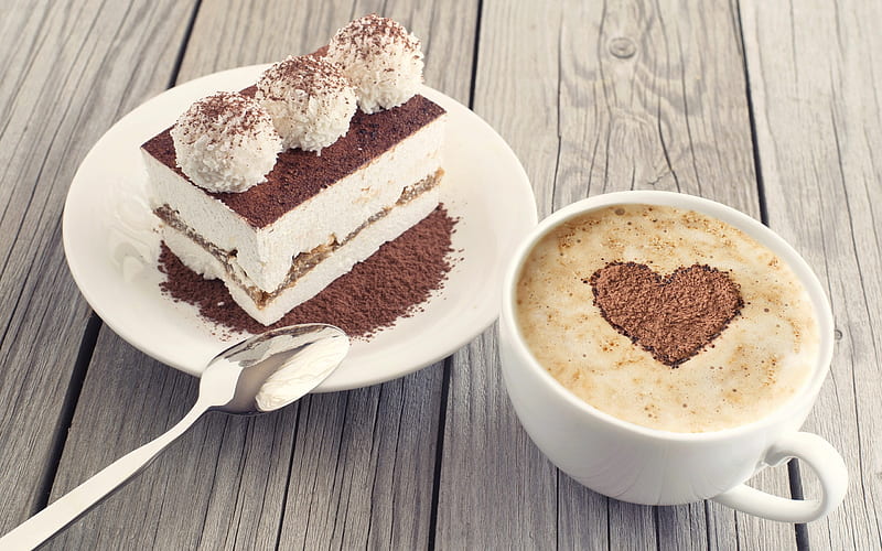 cake, tiramisu, coffee latte, latte art, sweets, HD wallpaper