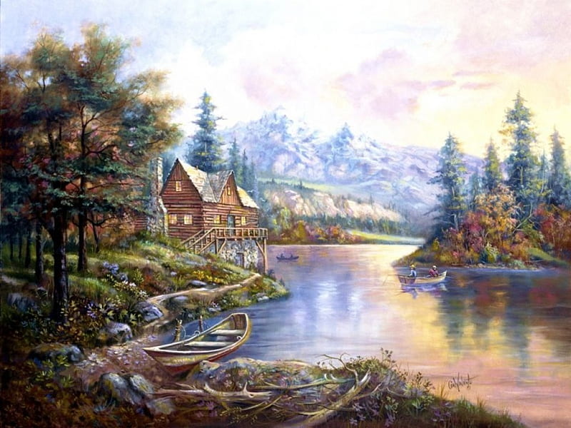 Along the River, autumn, water, houses, painting, reflection, trees ...