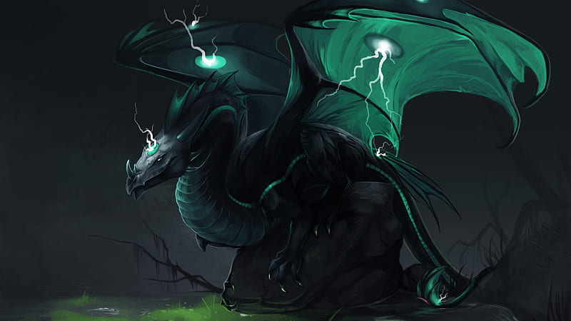 Fantasy Green And Black Dragon Is Sitting On A Greenfield Dreamy, HD wallpaper