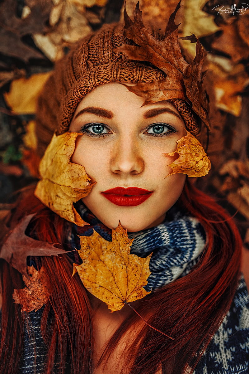 face, leaves, red lipstick, women, Kaan Altindal, blue eyes, redhead, HD phone wallpaper
