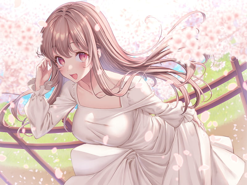 moe anime girl, white dress, sakura petals, spring, cherry blossom, Anime, HD wallpaper