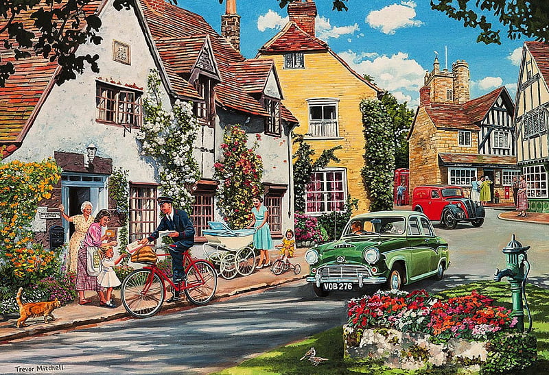 The Postman's Round, houses, car, flowers, village, street, artwork, HD wallpaper