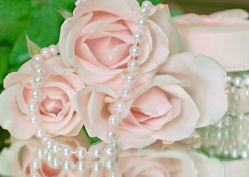 Pink and pearls, green, pearls, roses, white, pink, HD wallpaper