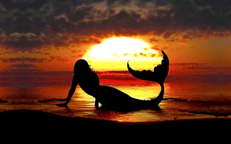 RESTING MERMAID, mermaid tail, ocean, sunset, waves, sky, clouds, sea, beach, fantasy, girl, HD wallpaper