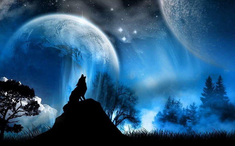 THE WOLF AND THE MOONS, stars, moons, silouette, skies, night time, universe, nature, wolves, animals, HD wallpaper