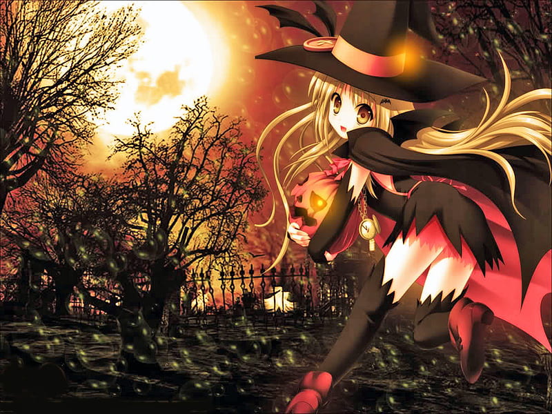 Time To Trick-Or-Treat!, witch, halloween, trich-or-treat, anime girl, harvest moon, HD wallpaper