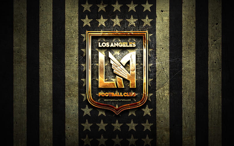 Los Angeles flag, MLS, brown black metal background, american soccer club, Los Angeles FC logo, USA, soccer, Los Angeles FC, golden logo, HD wallpaper