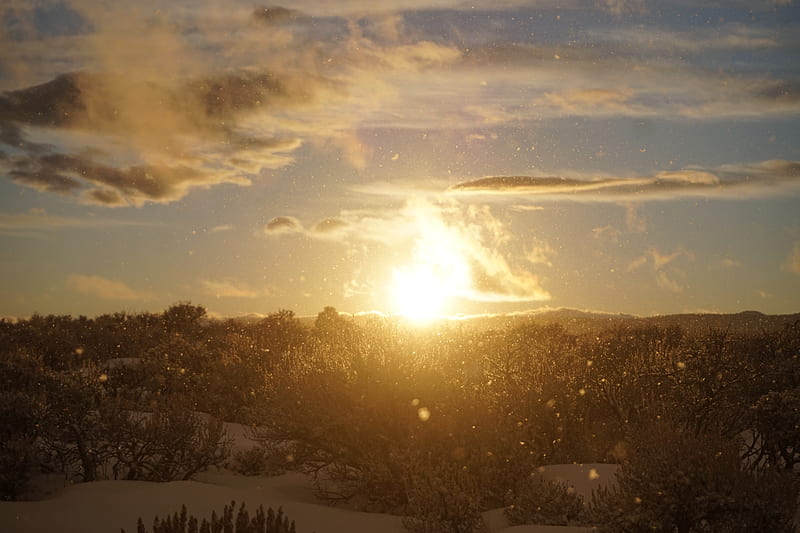 sunset, sun, snow, blizzard, winter, HD wallpaper