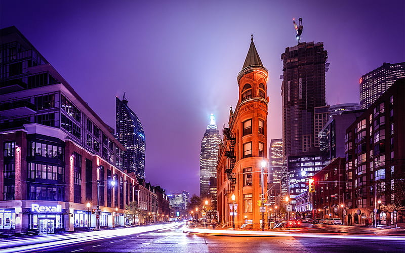 Gooderham Building, winter, Flatiron Building, streets, nightscapes, Toronto, Canada, HD wallpaper