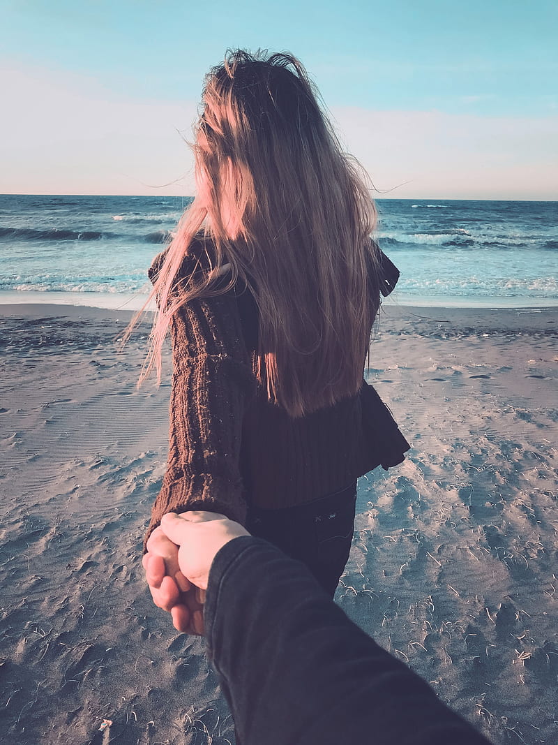 Hold my hand, beach, couple, cute couple, girl, holding hands couple, honeypieko, love, lovers, nature, nature couple, HD phone wallpaper