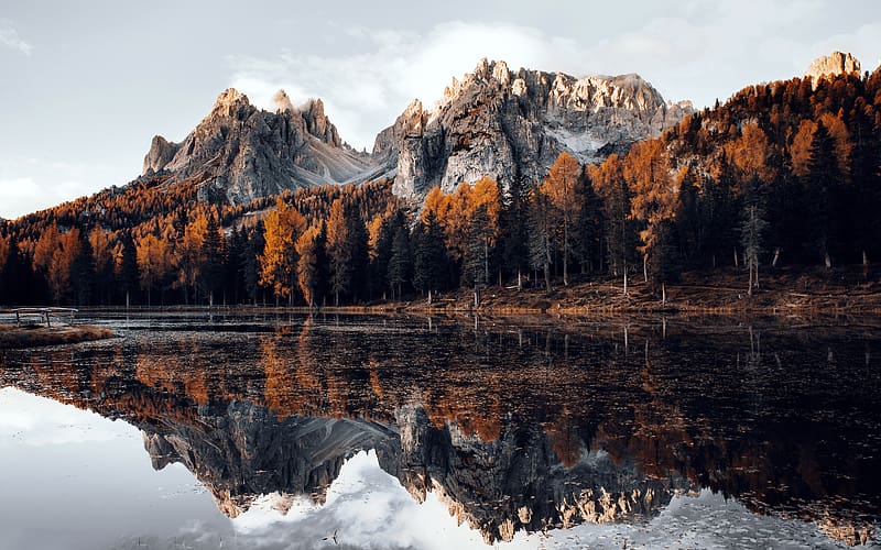 Autumn Forest Lake Dolomites Mountain Italy, HD wallpaper