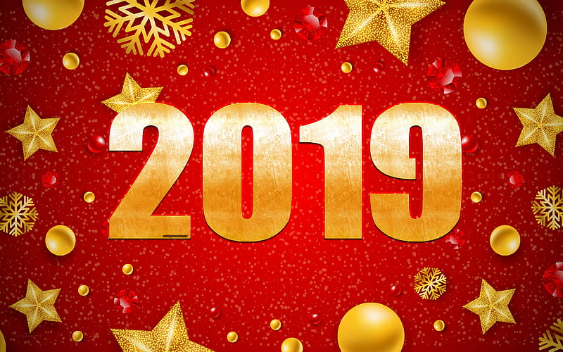 2019 Year, New Year, red Christmas background, golden decorations, golden metal numerals, Happy New Year, creative art, 2019 concepts, HD wallpaper