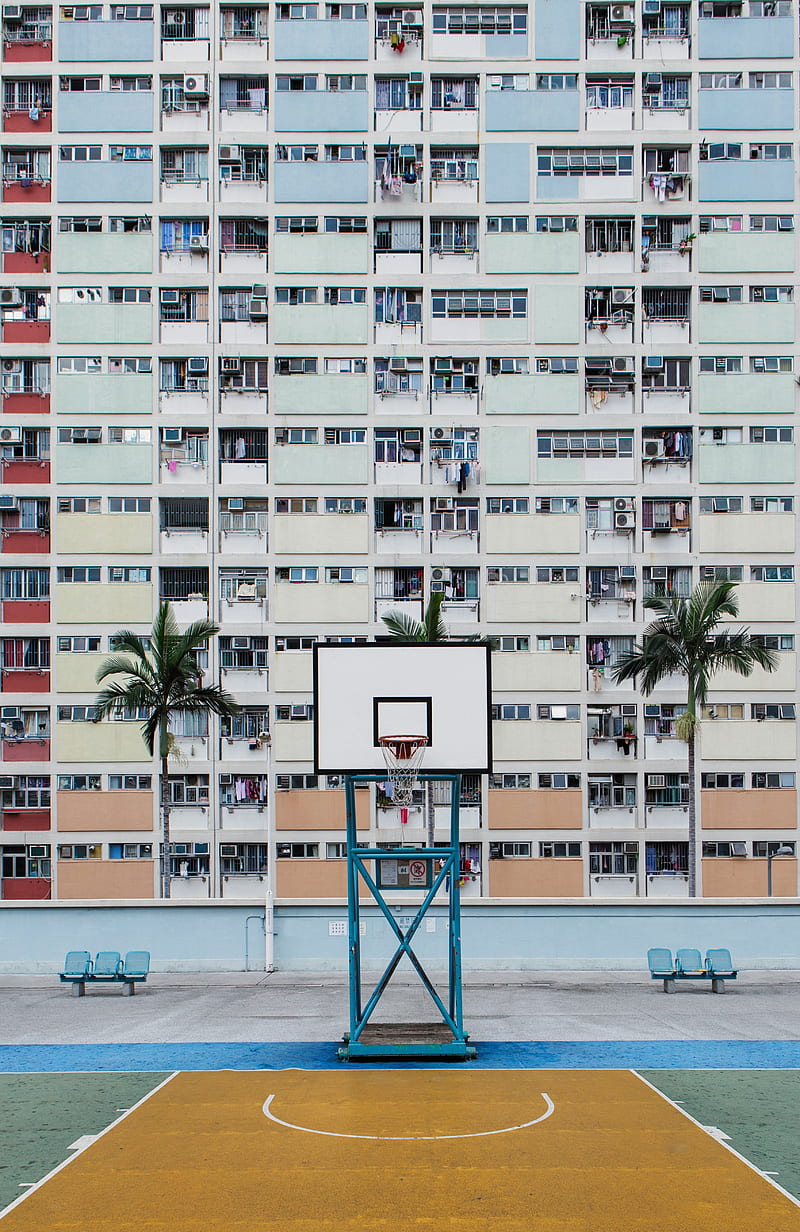 basketball court, playground, roof, building, urban, HD phone wallpaper
