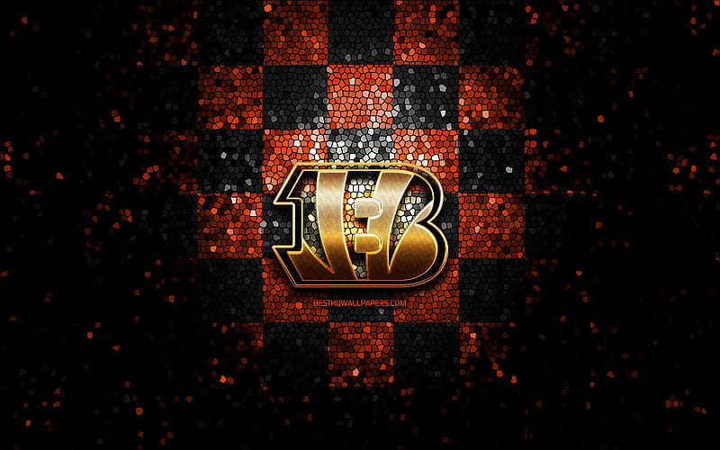 Cincinnati Bengals, glitter logo, NFL, orange black checkered background, USA, american football team, Cincinnati Bengals logo, mosaic art, american football, America, HD wallpaper