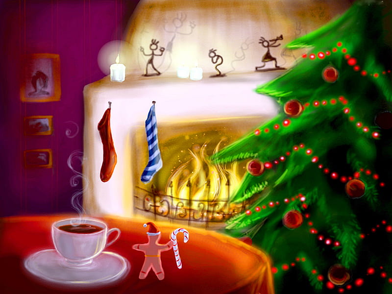 Christmas coffee, christmas, holiday, home, new year, mood, fire, tree, coffee, toys, HD wallpaper