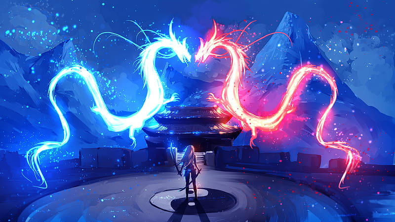 Dragon Red Blue Colorful Art , dragon, artist, artwork, digital-art, HD wallpaper