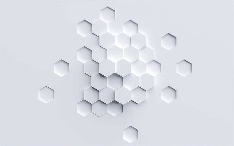 white 3d polygons background, geometric abstraction, white background, 3d honeycomb, white honeycomb background, HD wallpaper