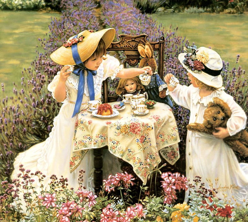 Garden Tea Party, teddy, garden, girls, doll, tea, HD wallpaper