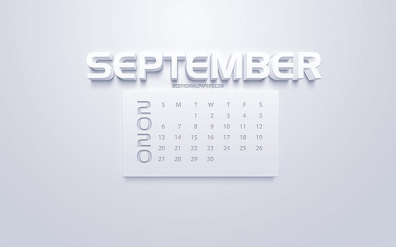 2020 September Calendar, 3d white art, white background, 2020 calendars, September 2020 calendar, autumn 2020 calendars, September, HD wallpaper