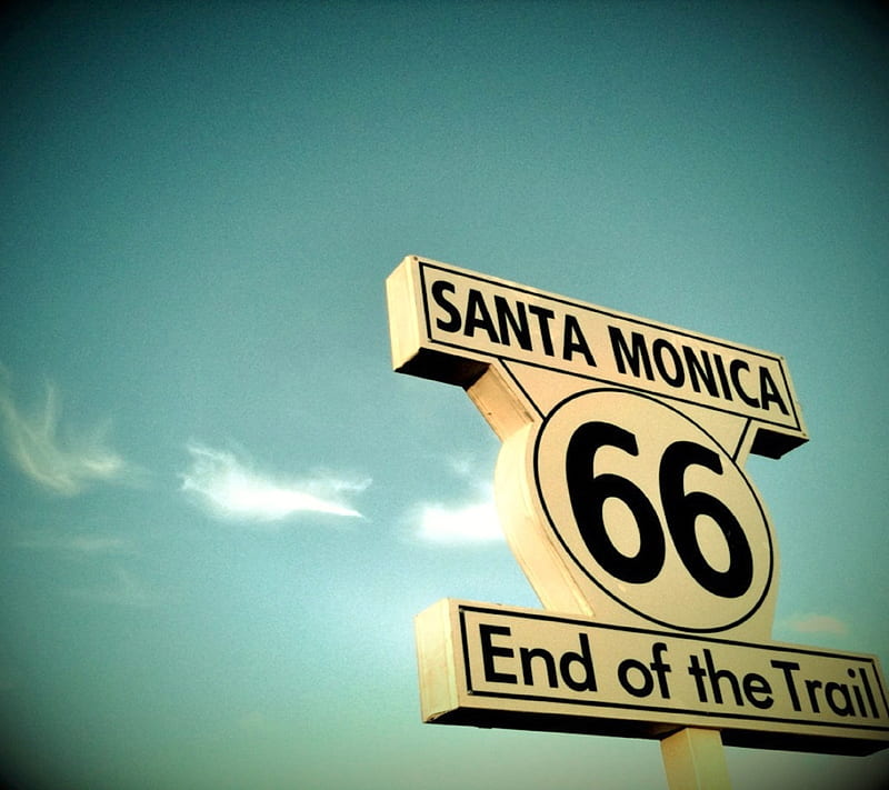 Route 66 Start-End, clouds, highway, road, route 66, santa monica, sign, sky, vintage, HD wallpaper