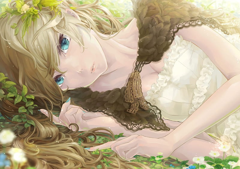 Beauty, flower, blonde, girl, anime, HD wallpaper