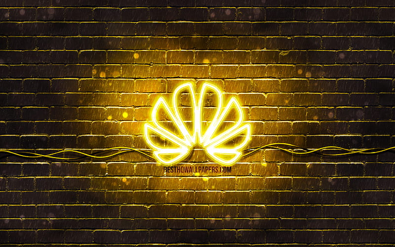 Huawei yellow logo yellow brickwall, Huawei logo, brands, Huawei neon logo, Huawei, HD wallpaper