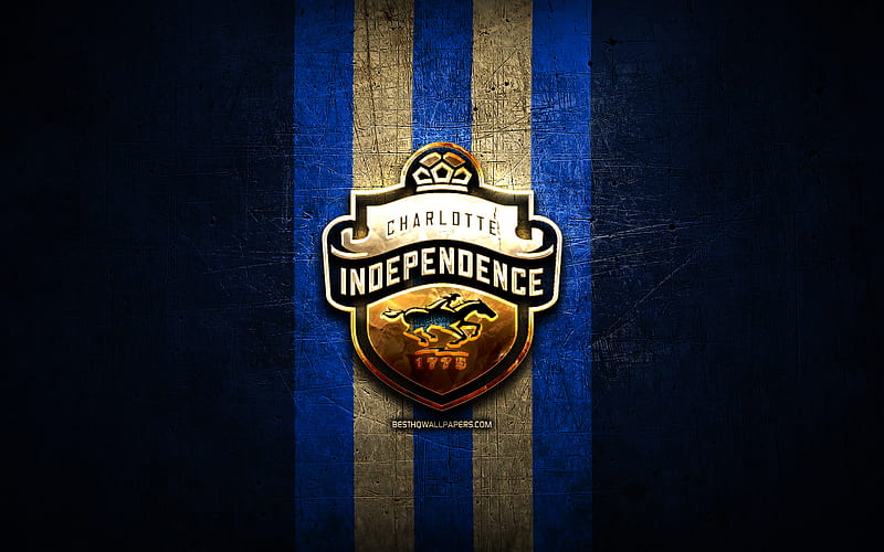 Charlotte Independence FC, golden logo, USL, blue metal background, american soccer club, United Soccer League, Charlotte Independence logo, soccer, USA, HD wallpaper