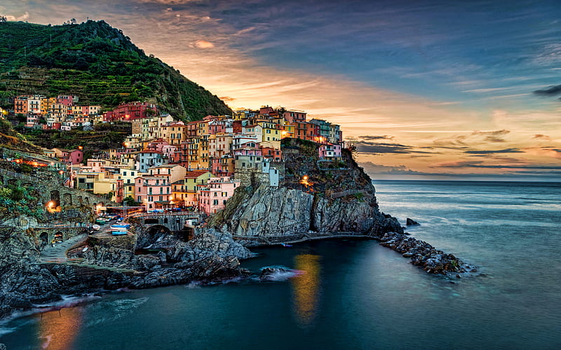 Manarola, twilight, summer, italian cities, harbor, Cinque Terre, Italy, Europe, Manarola at evening, HD wallpaper