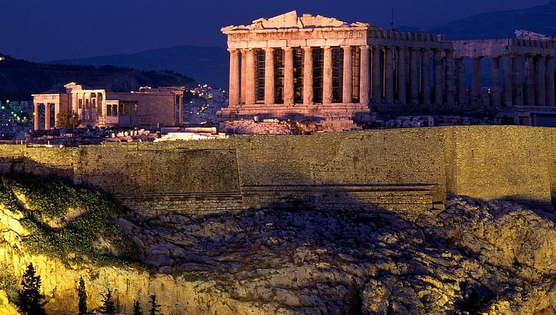 the wonderful acropolis in athens, mountain, ancient, ruins, wall, lights, HD wallpaper