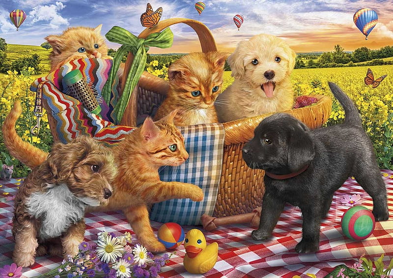 Kittens and puppies, art, caine, cat, picnic, animal, cute, vara, hot air balloon, basket, summer, pisici, kitten, dog, puppy, HD wallpaper