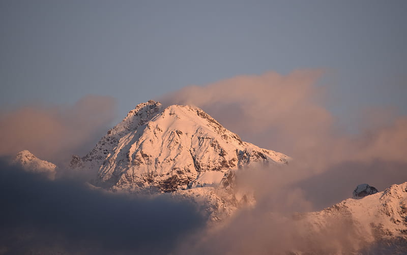 mountain, peak, clouds, snow, winter, HD wallpaper