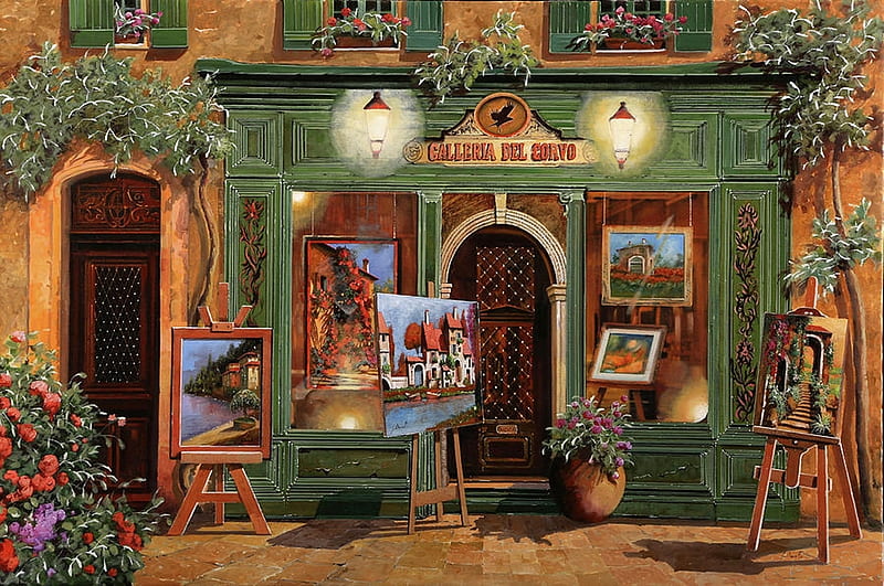 La Galleria Del Corvo, shop, flowers, paintings, artwork, HD wallpaper