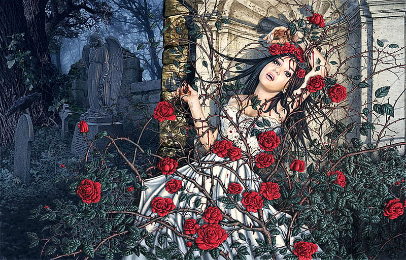 Entwined, art, graveyard, roses, girl, digital, HD wallpaper