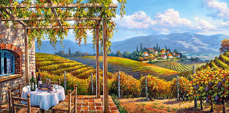 Tuscan Vineyard Village, hills, veranda, table, house, vine, painting, chairs, italy, HD wallpaper