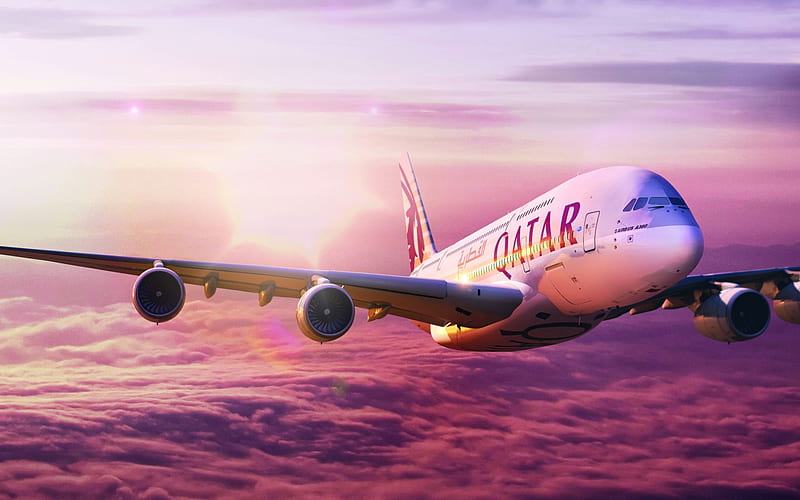 Airbus A380, passenger plane, sky, sunset, air travel, Qatar Airways, HD wallpaper