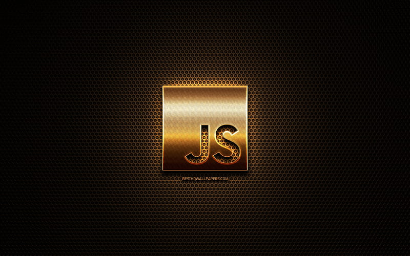 JavaScript glitter logo, programming language, grid metal background, JavaScript, creative, programming language signs, JavaScript logo, HD wallpaper