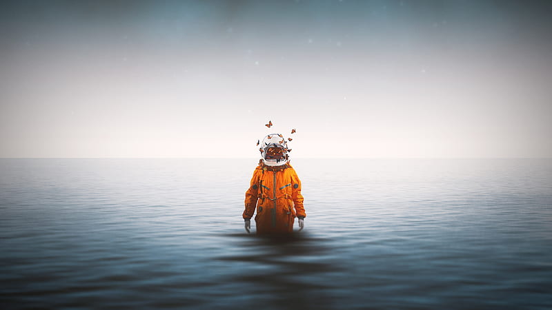 astronaut, horizon, orange suit, surreal, butterflies, Fantasy, HD wallpaper
