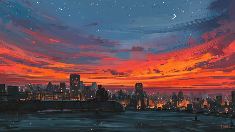 anime couple, sunset, cityscape, scenic, mood, relaxing, crescent, Anime, HD wallpaper