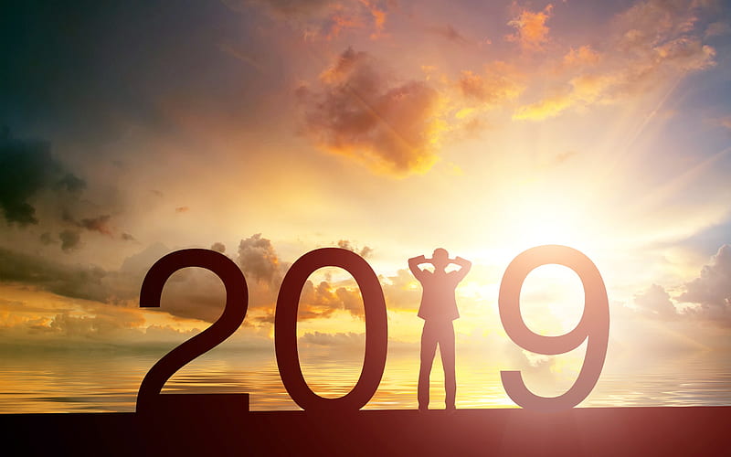 Happy New Year 2019, sunset, human silhouette 2019 concepts, creative, 2019 year, HD wallpaper