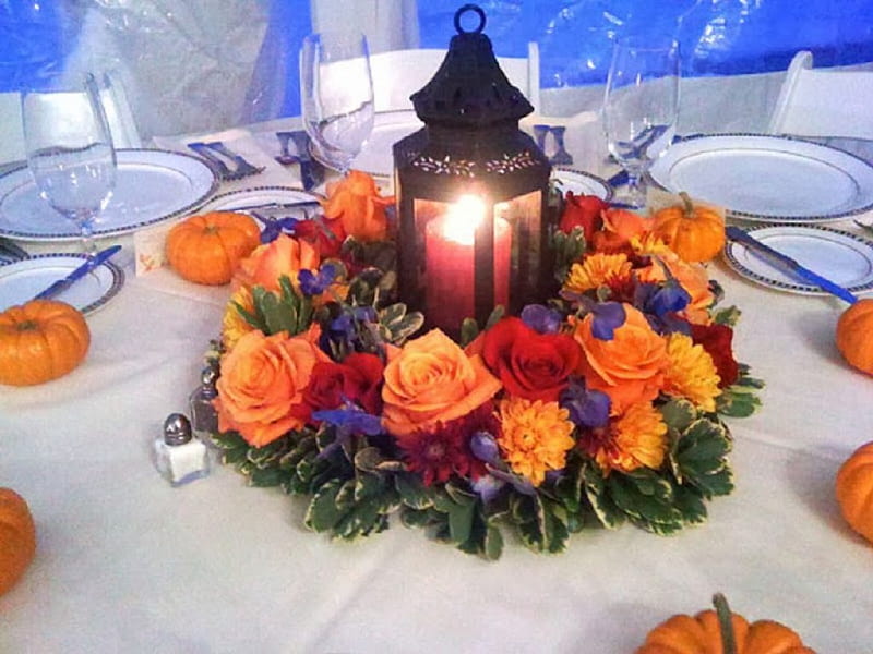 Festive Autumn Decoration, table, candle, lantern, flowers, roses, porcelain, HD wallpaper