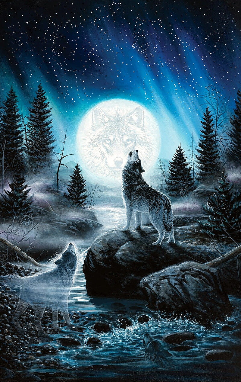 Star Howling Wolfs, fantasy, stars, wolf, HD phone wallpaper