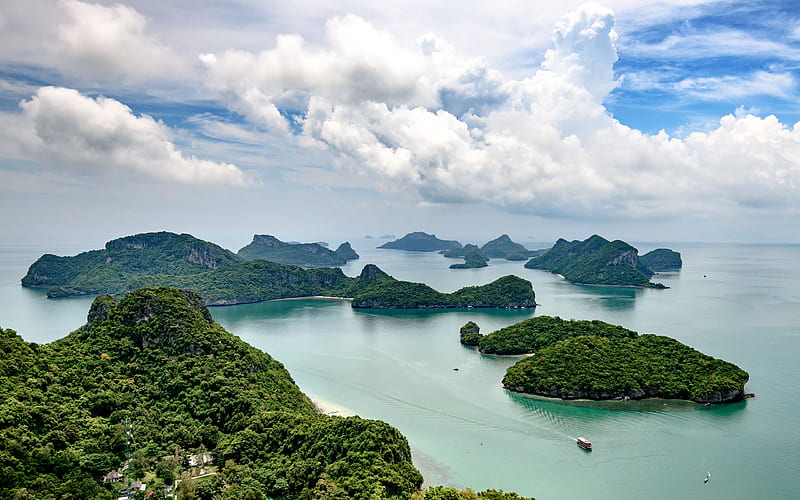 tropical island, ocean, top view, jungle, Ang Thong National Park, Thailand, HD wallpaper